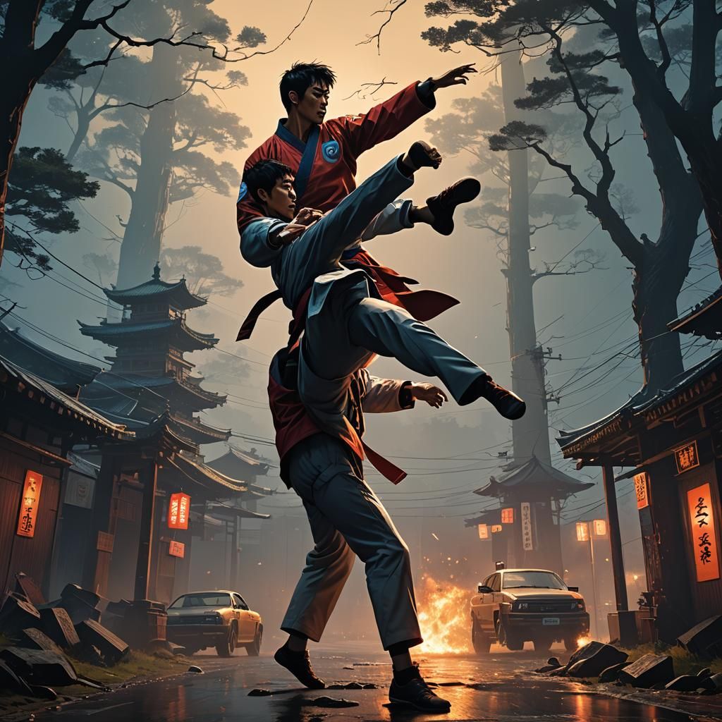 Taekwondo Fighter Kicks Opponent in Hyperrealistic Digital A...