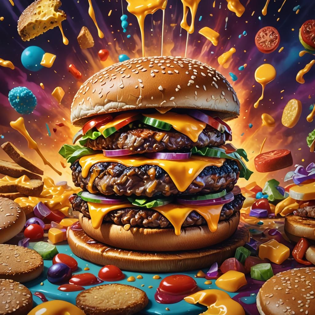 Juicy Burger with Melted Cheese, Art Deco Style