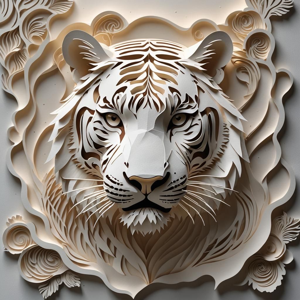 A volumetric Kirigami tiger's head contemporary modern art s...