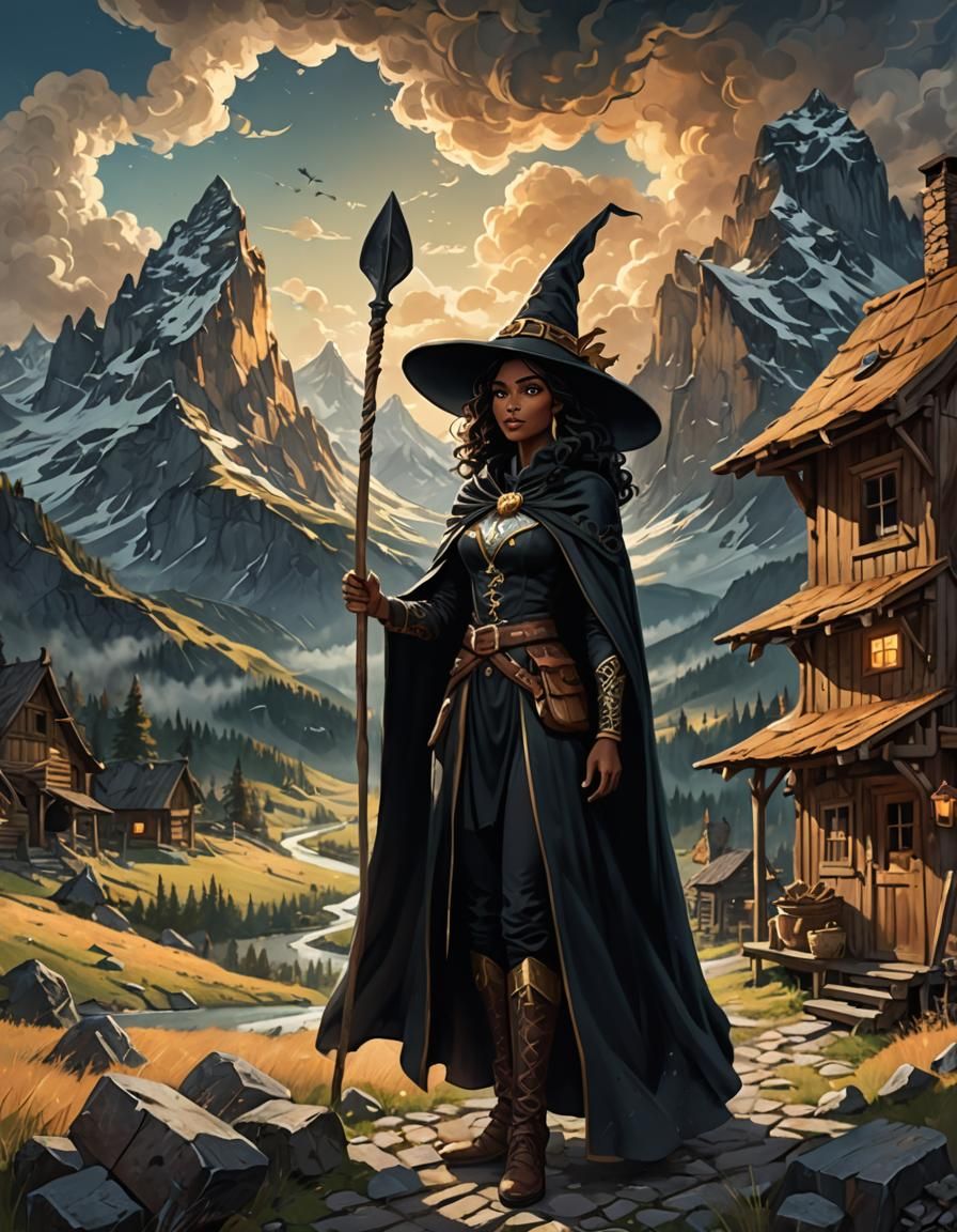 Fantasy Witch with Wooden Spoon in Dramatic Landscape