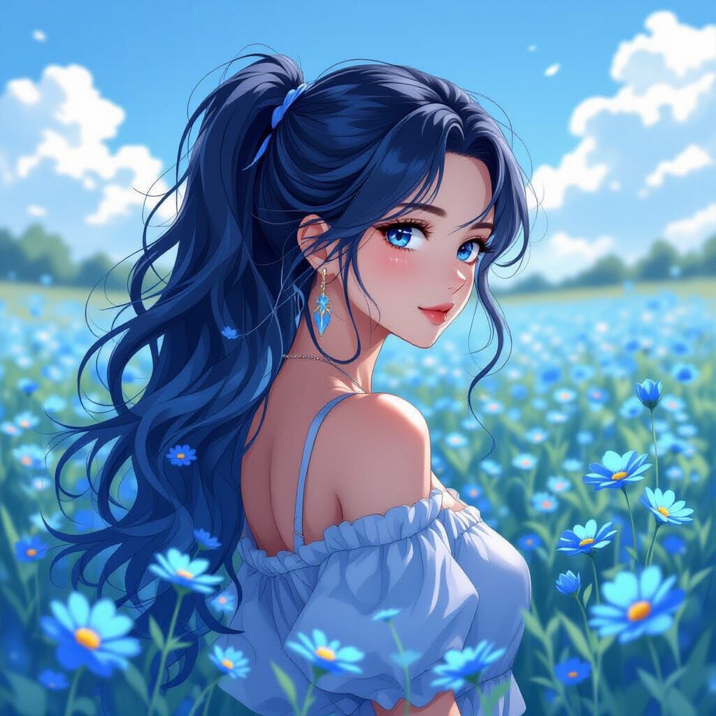 Woman in Blue with Blue Flowers, Anime Style Wallpaper