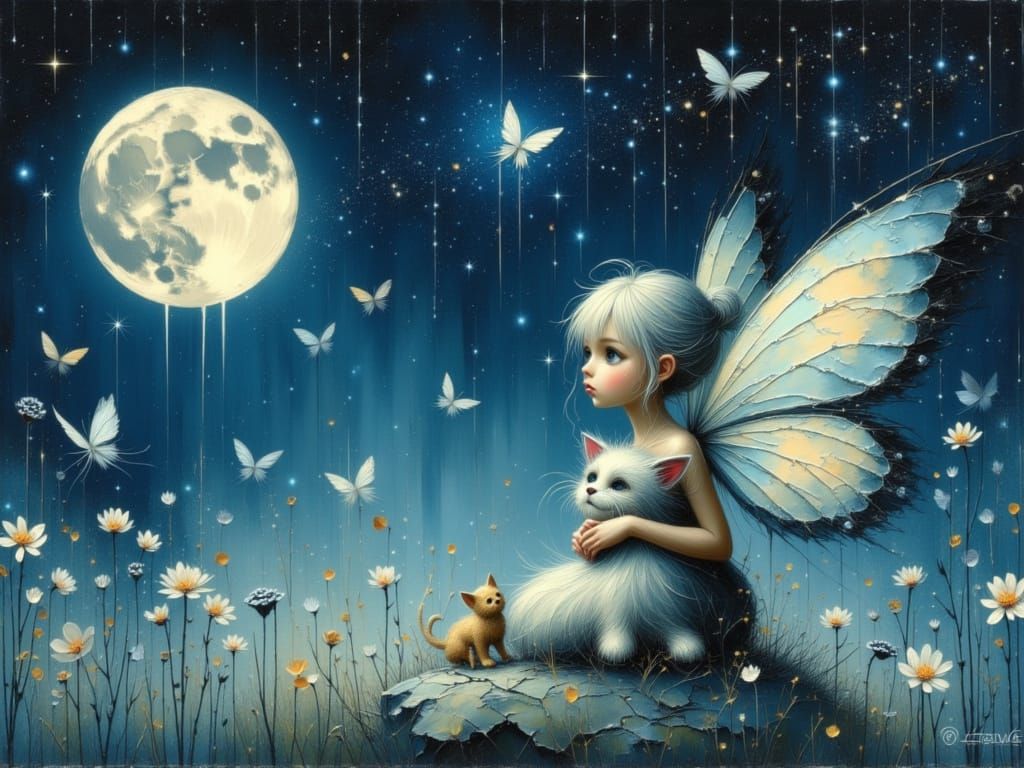 Fairy Child and Kitten Under Luminous Moon
