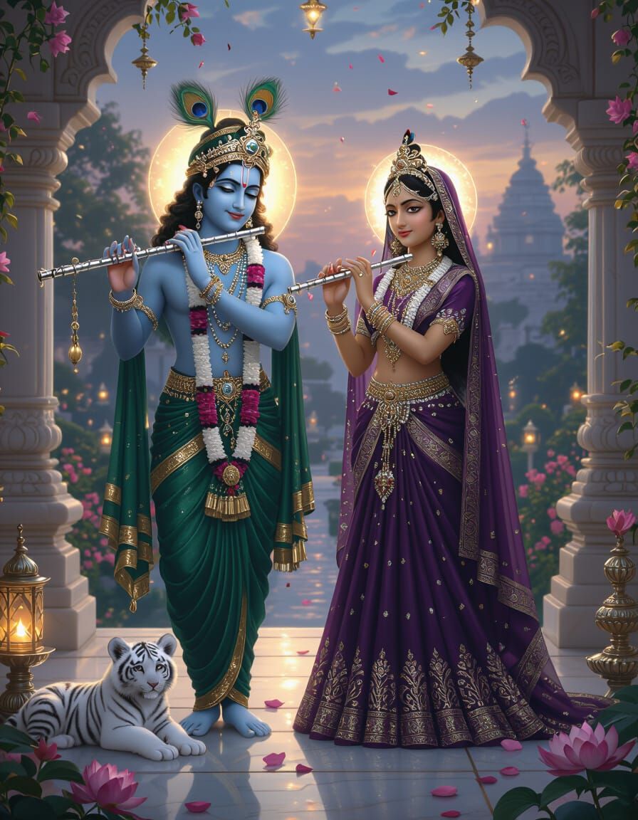 Radha and Krishna in a Temple Garden as Digital Art