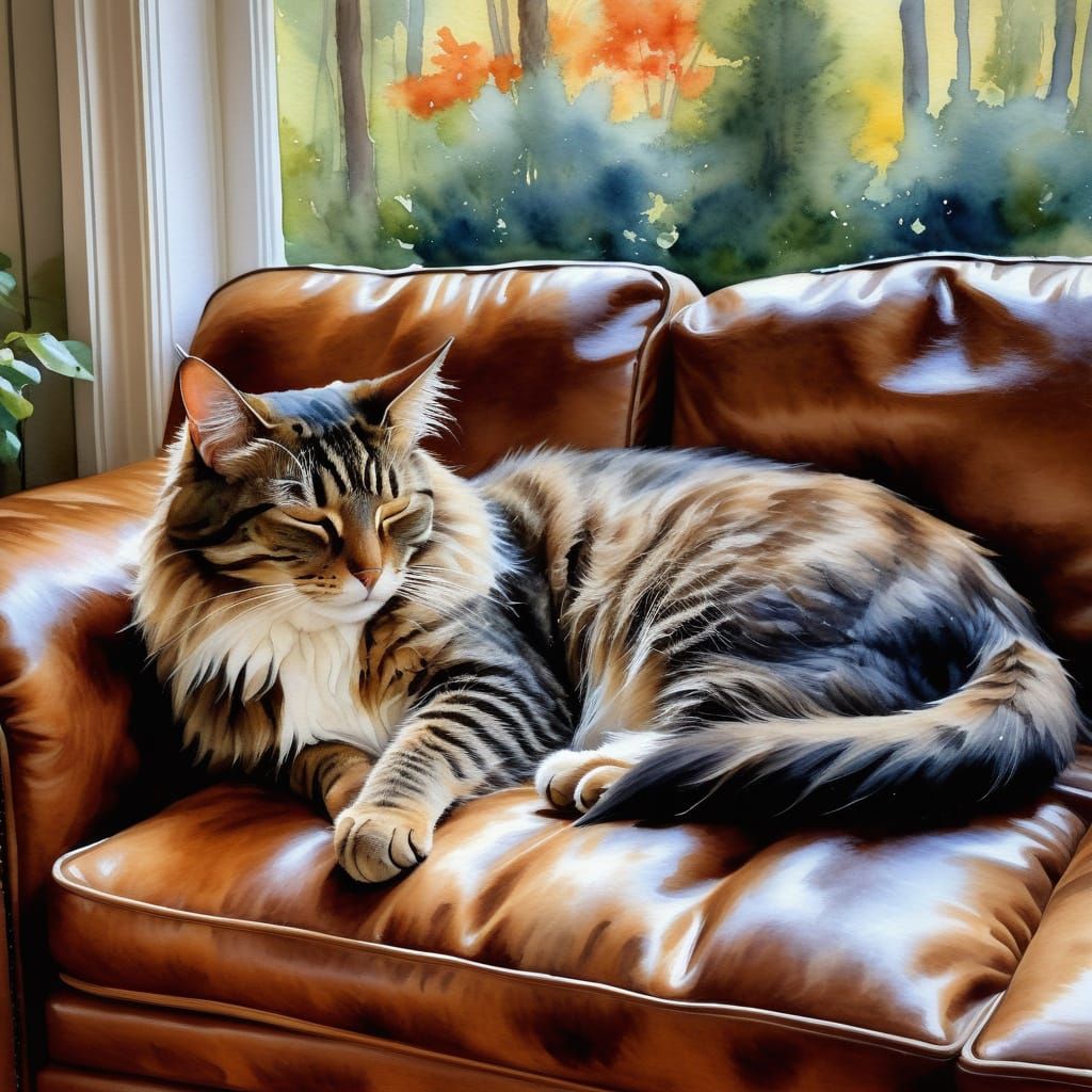 Impressionist Cat on Cowhide Sofa
