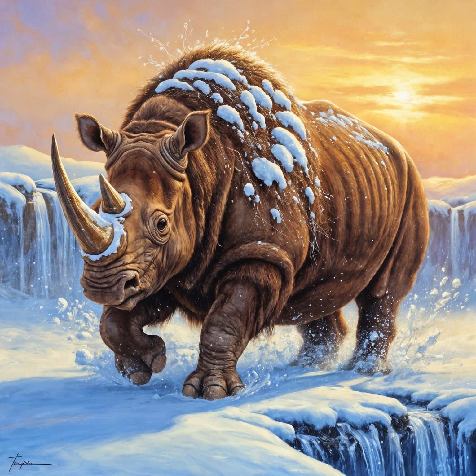Majestic Wooly Rhinoceros Charging Through Snowy Landscape