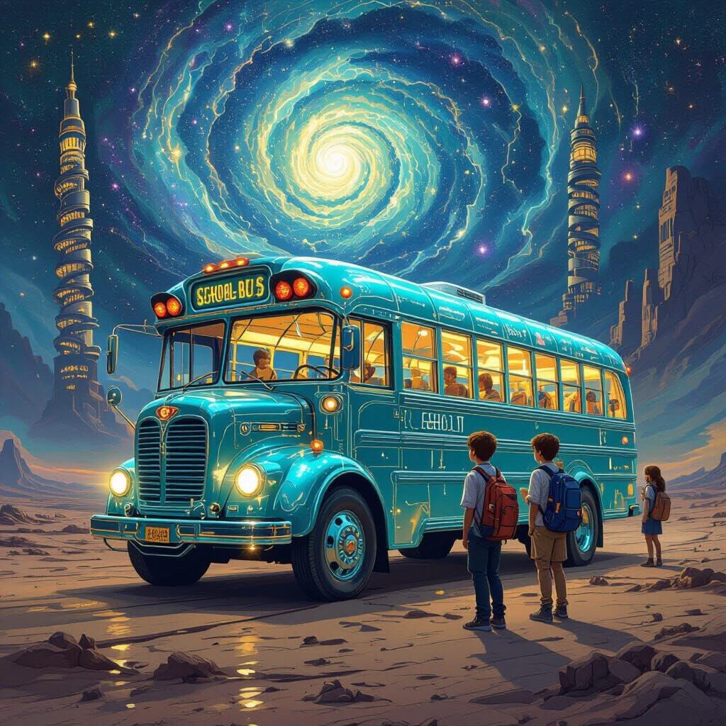 Bioluminescent School Bus on Alien Planet in Art Nouveau Sty...