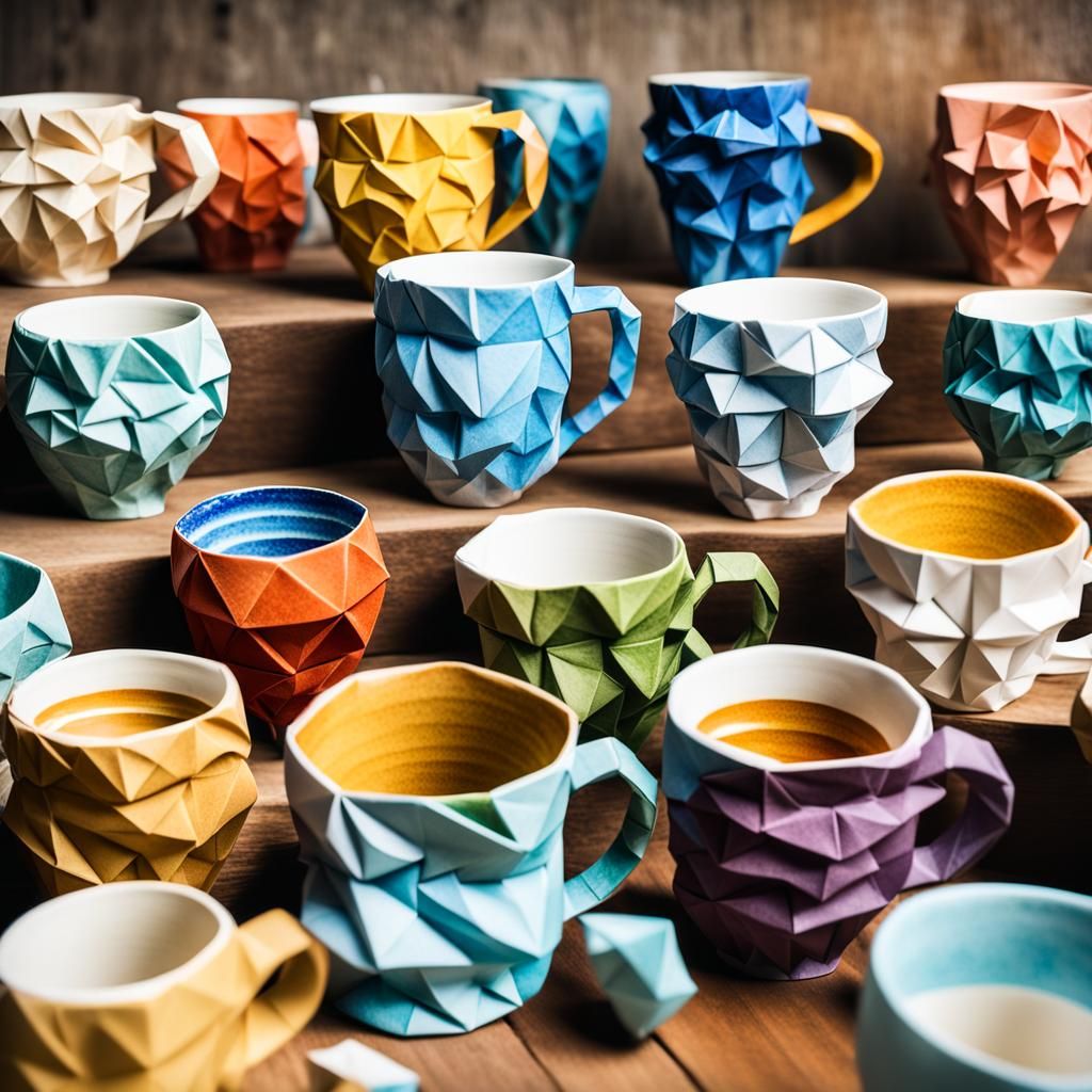 Authentic Handmade Ceramic Mugs with Origami Papercraft