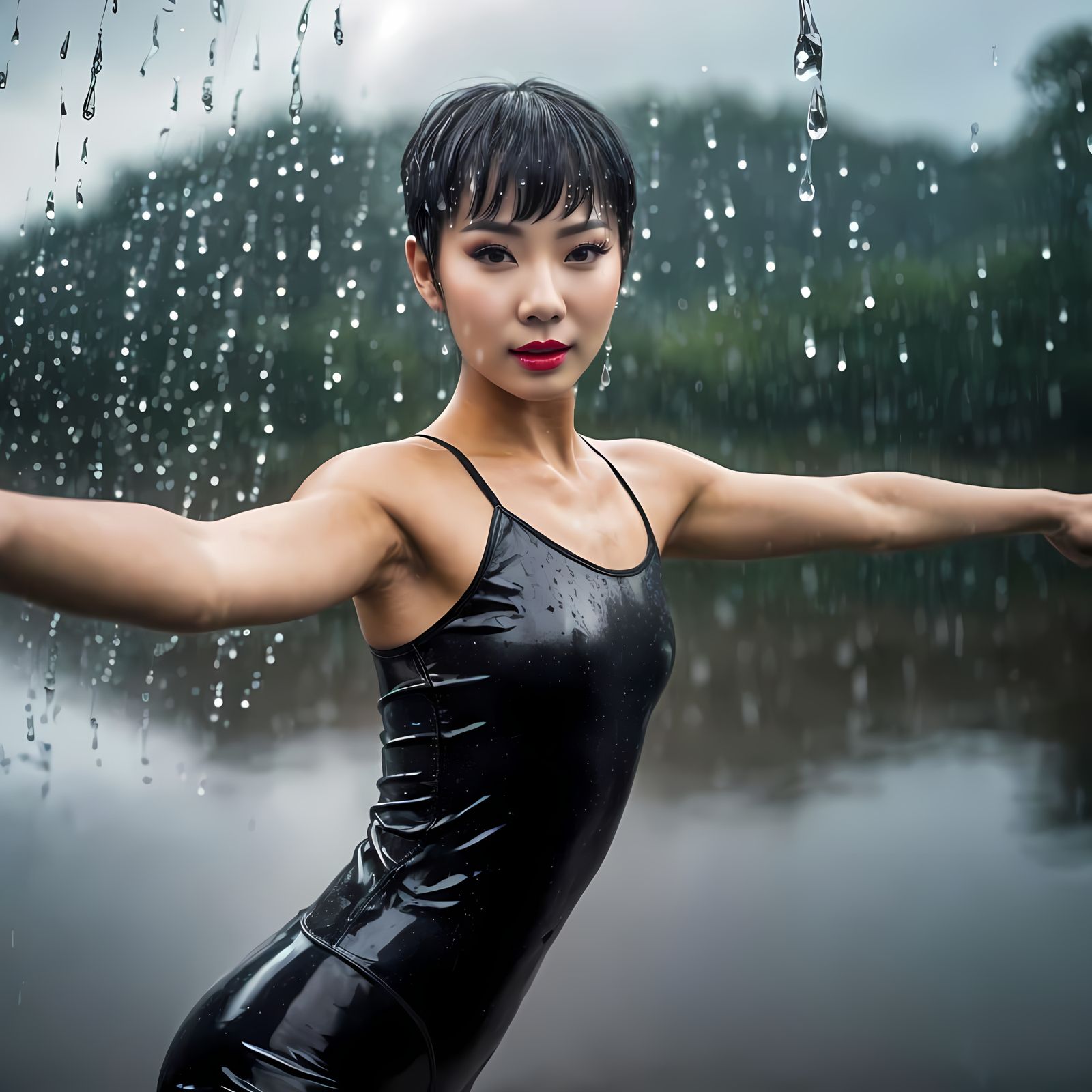 Gymnast Dancing on Lake in Rain, Photorealistic Close-Up