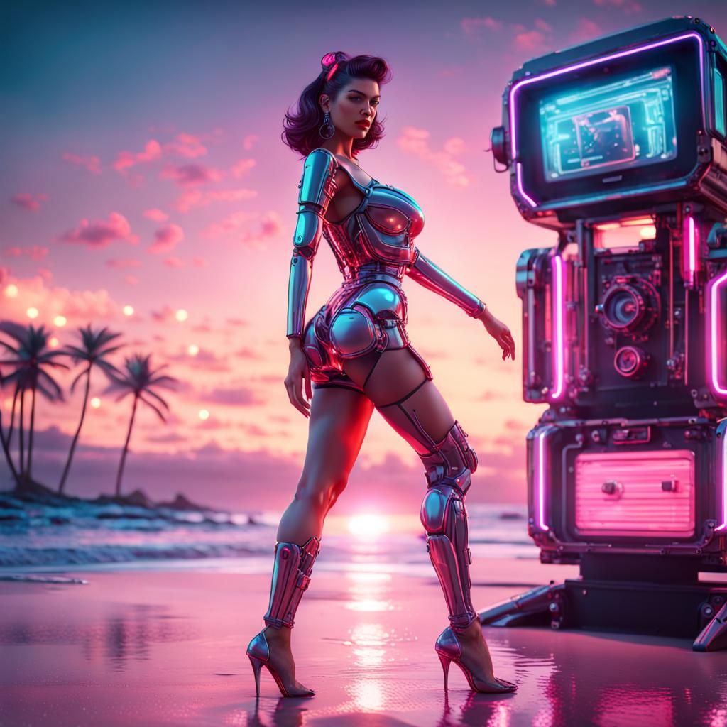 Cyborgs Dancing on Beach in Synthwave Retro Style