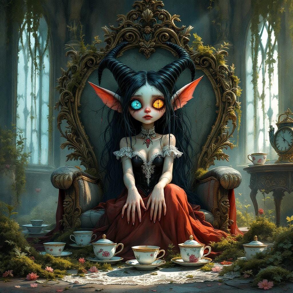 Goblin Queen on Teacup Throne, Watercolor Art