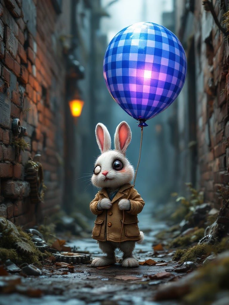 Adorable Rabbit Zombie Holds Glimmering Gingham Balloon in F...