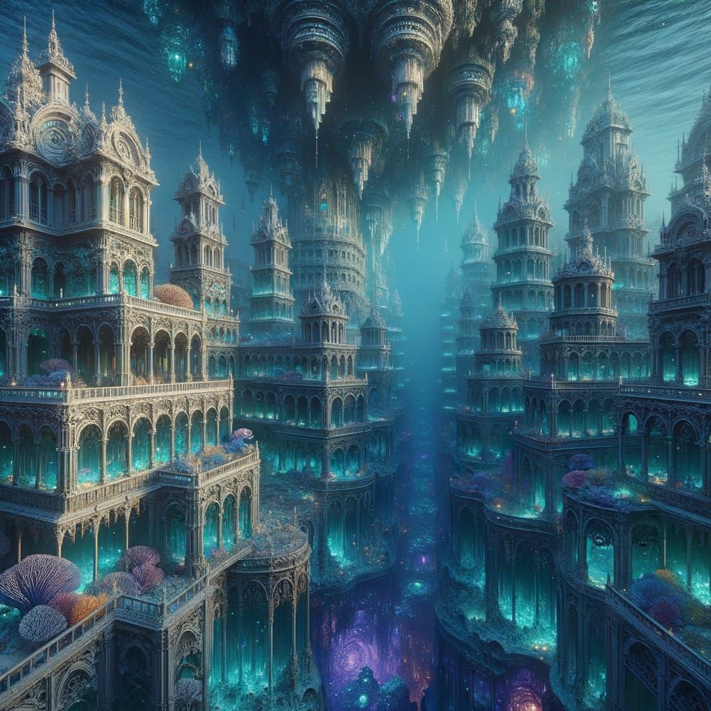 Victorian Underwater Cityscape in Bioluminescent Hues