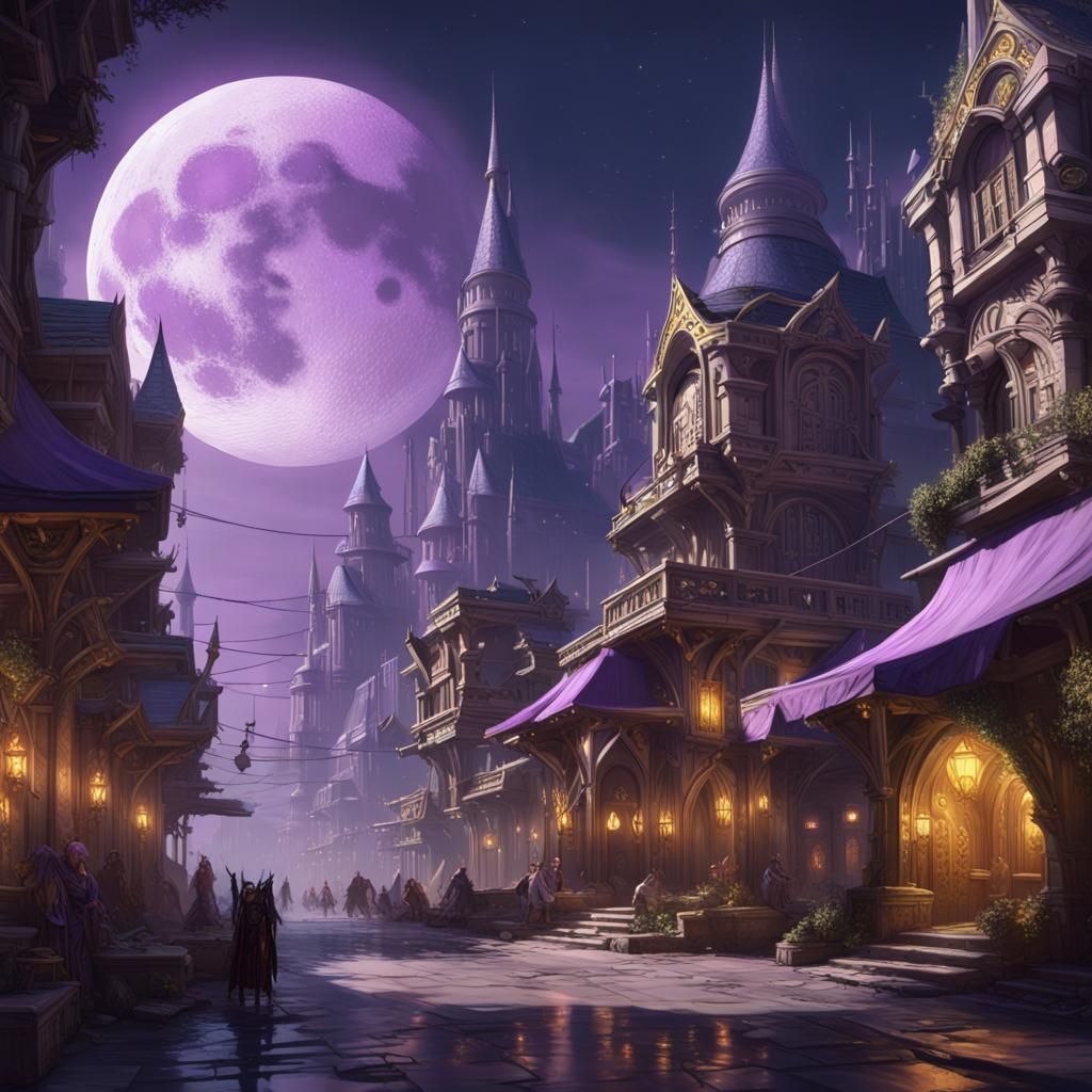 Detailed Moon Elf City in Dark Fantasy Style