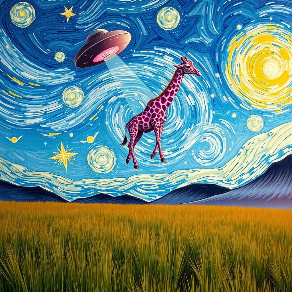UFO Abducts Giraffe in Van Gogh Style