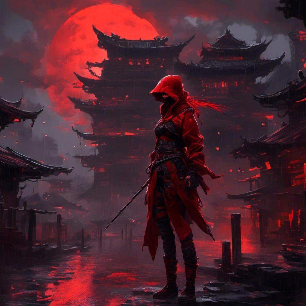 Cyberpunk Ninja Assassin in Red and Black