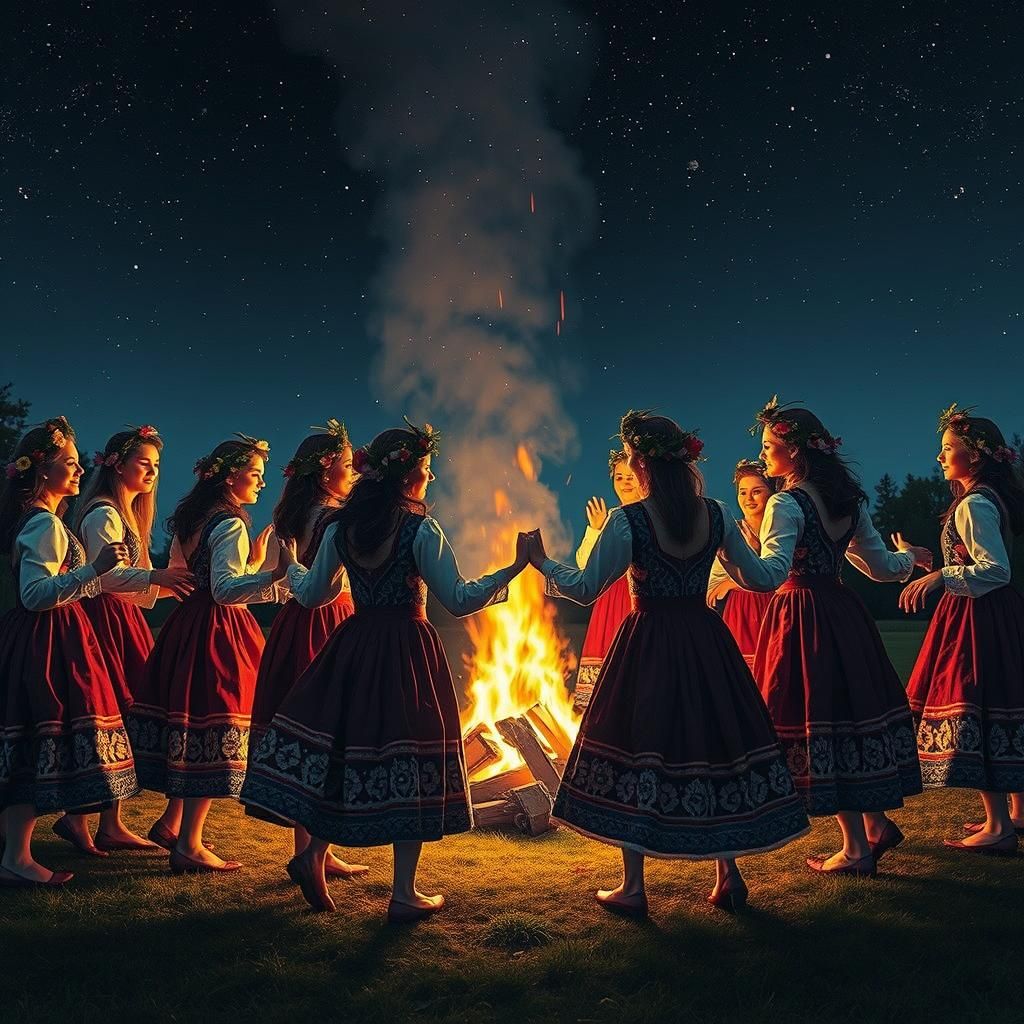Ukrainian Women Dancing Around Bonfire at Night