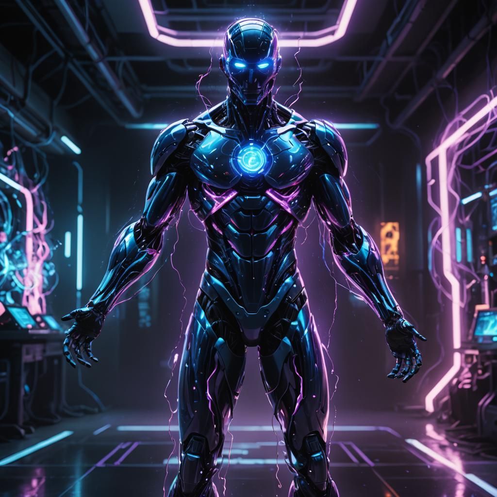 Glowing Plasma Humanoid in Neon Cyberpunk Laboratory
