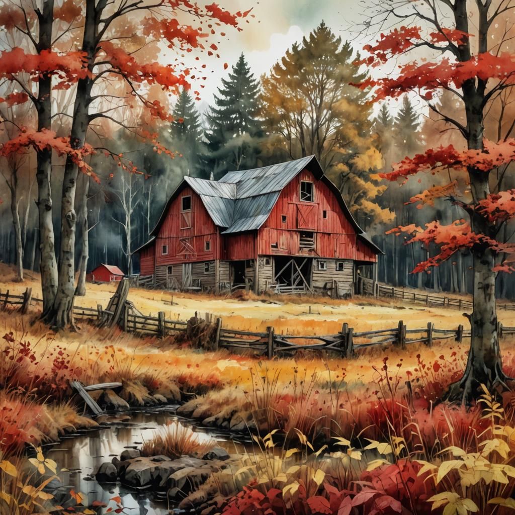 Red Barn in Autumn Forest, Digital Watercolor