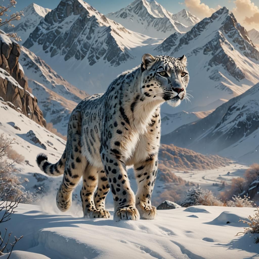 Snow Leopard Walking in Snowy Mountains