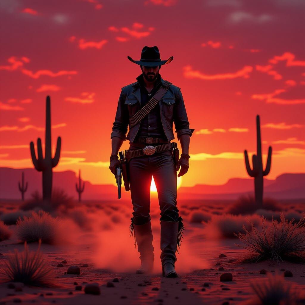 Gunslinger Silhouette at Desert Sunset in Photorealistic Sty...