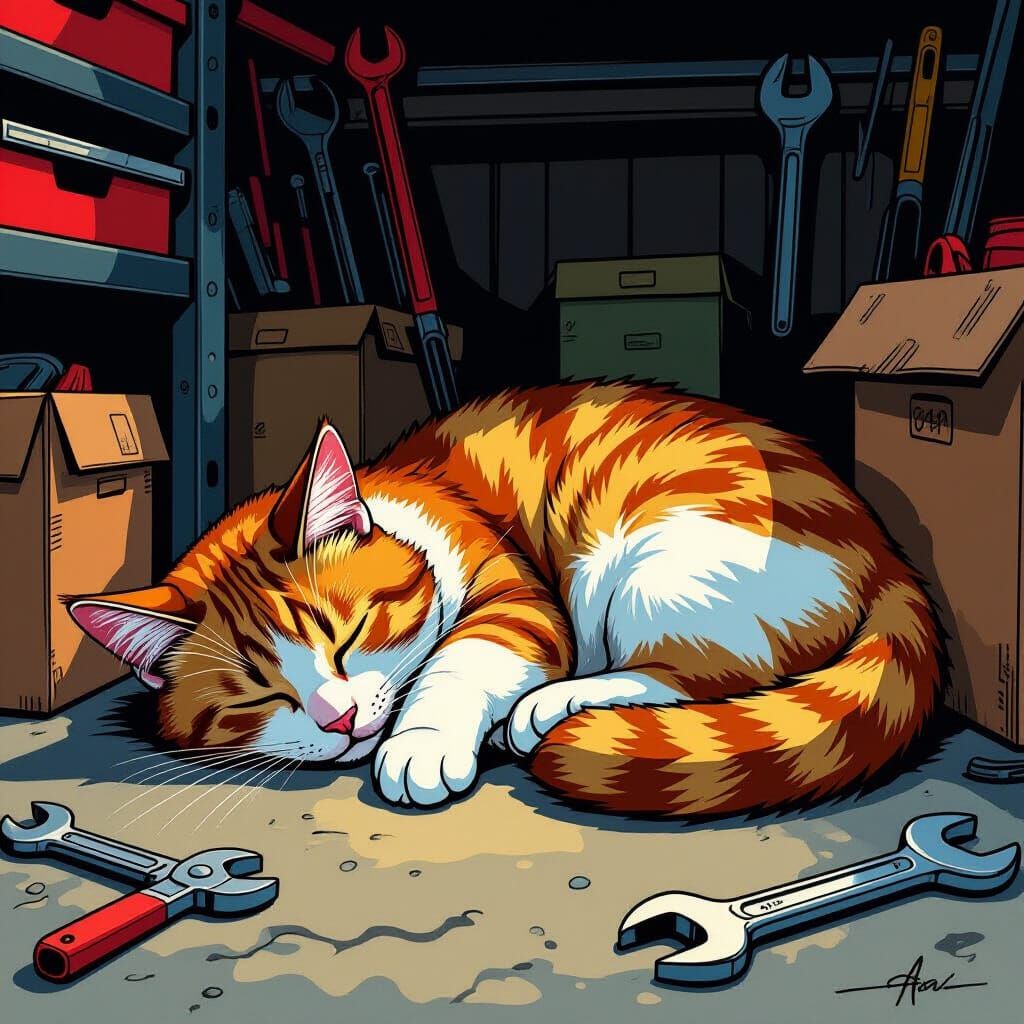 Cat Nap in Garage, Comic Book Style