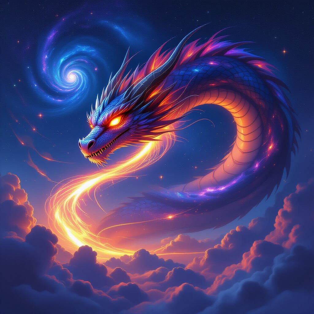 Galactic Dragon Soaring Through Night Sky