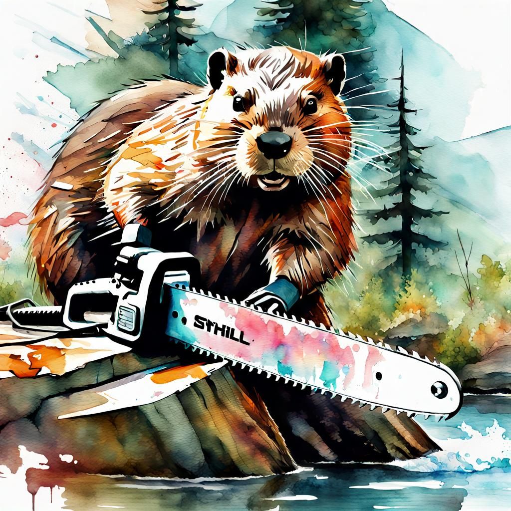 Beaver with Chainsaw in Watercolor Landscape