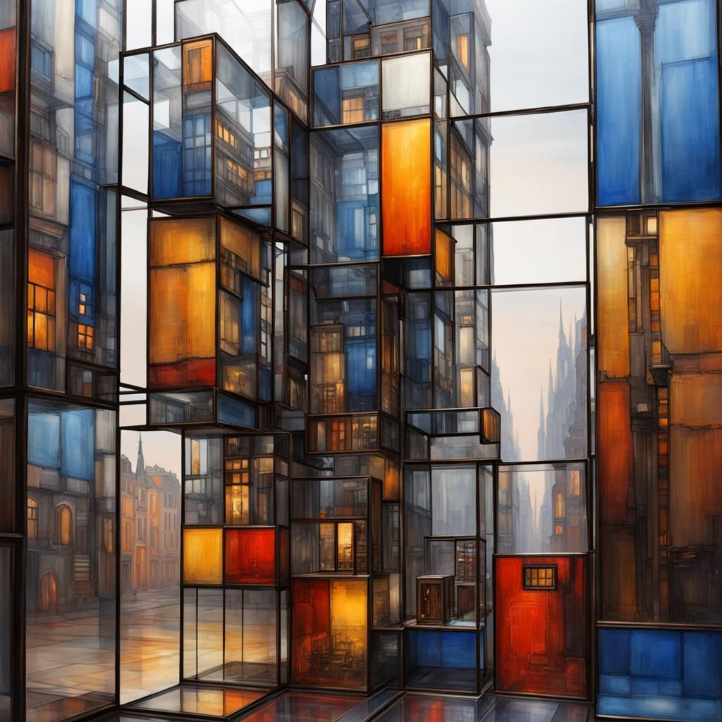 Glass Cathedral in Cube with Steampunk Reflections