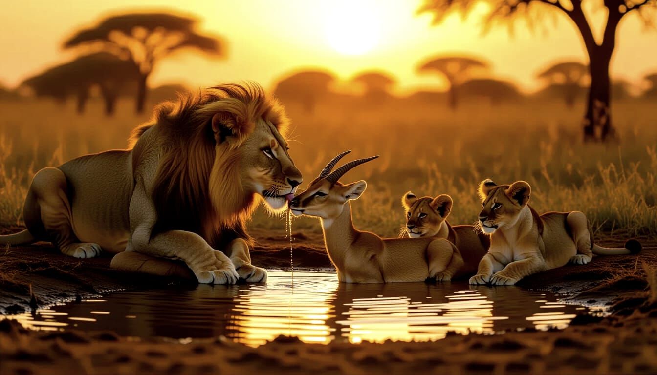 Lion Family at Sunrise in Cinematic Style