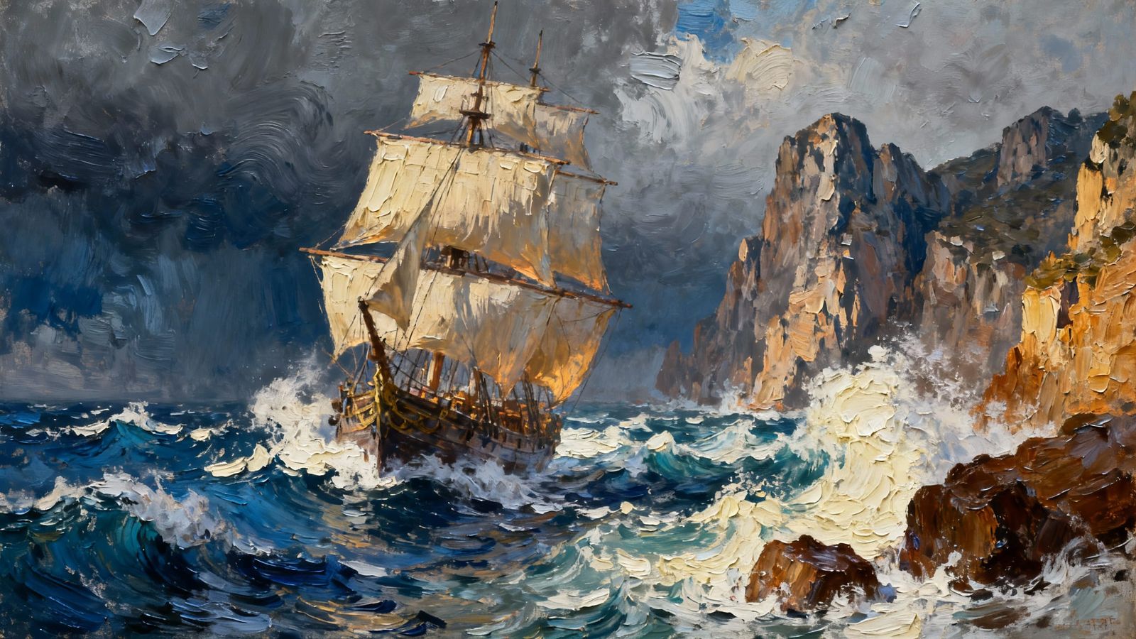 Galleon Battles Stormy Seas in Thick Impasto Painting