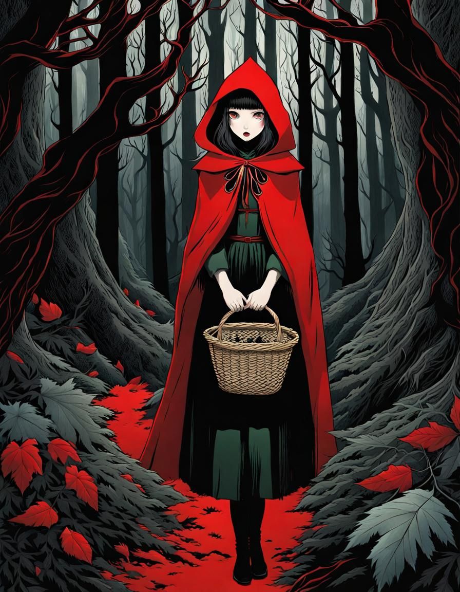 Eerie Illustration of Red Riding Hood as Japanese Girl