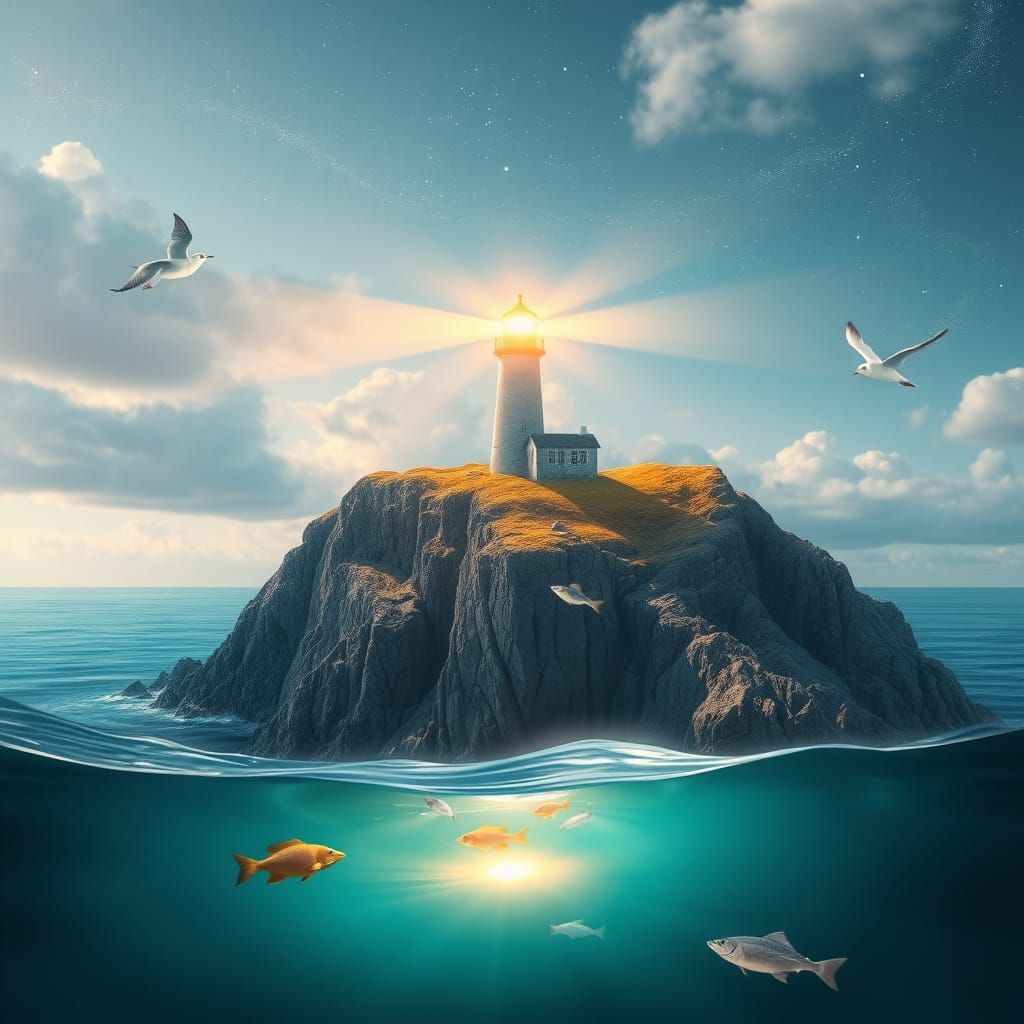 Whimsical Lighthouse Scene with Radiant Beacon and Seagulls