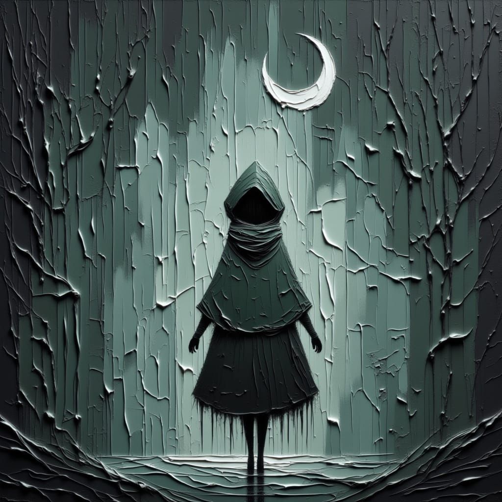 Cloaked Figure Walks Under Crescent Moon in Fog