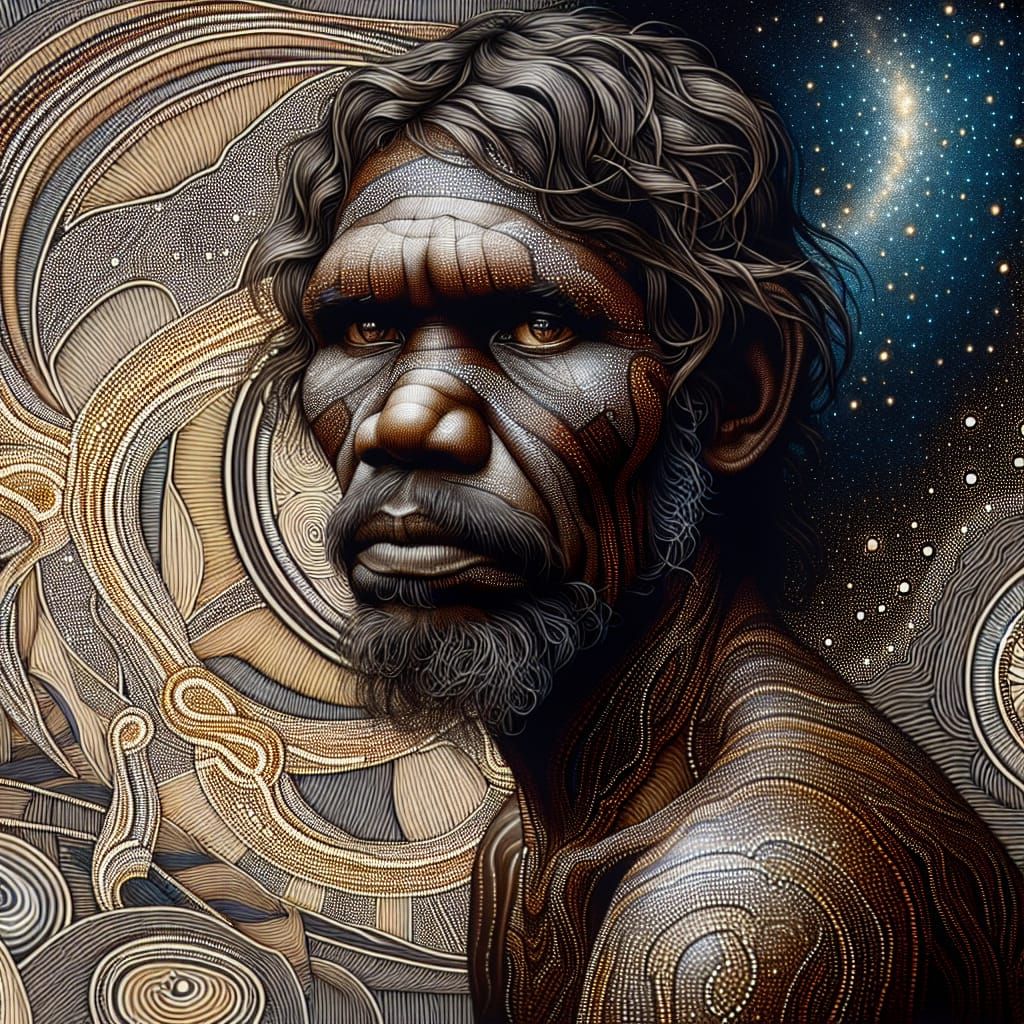 Aboriginal Man Portrait with Dot Art Night Sky