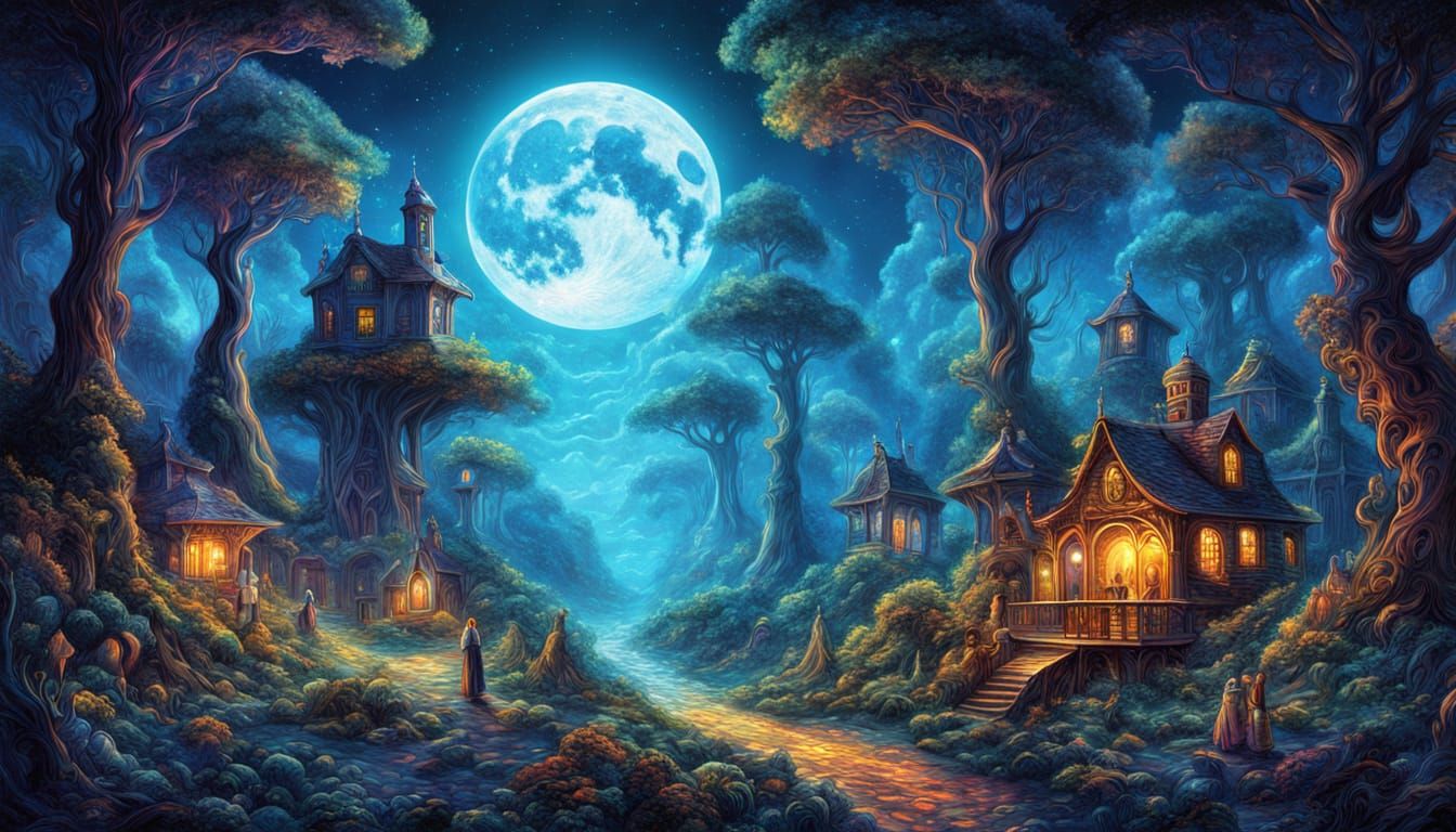 Enchanted Forest Cafe Under Moonlight