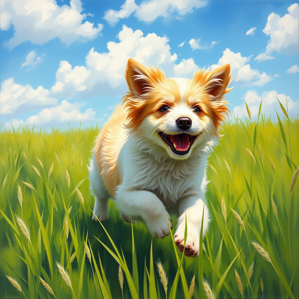 Joyful Dog Bounding Through Meadow as Impressionistic Painti...