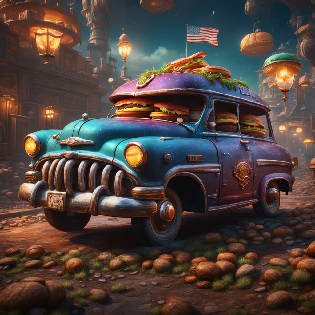 Burger Car Concept Art in Detailed Matte Style