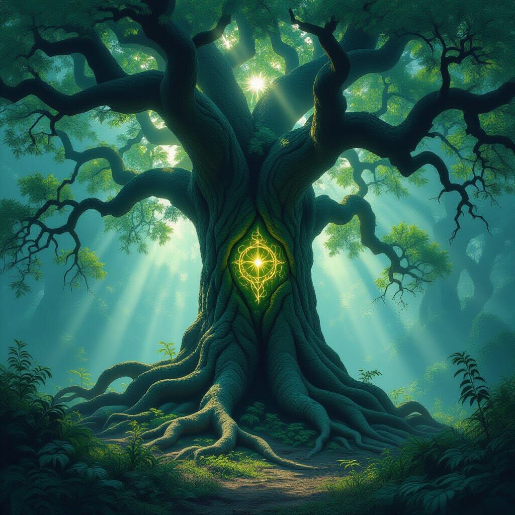 Majestic Ancient Tree with Glowing Runes in Misty Forest