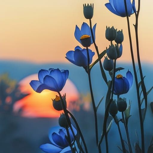 Blue Flowers Silhouetted at Sunrise: Watercolor Painting