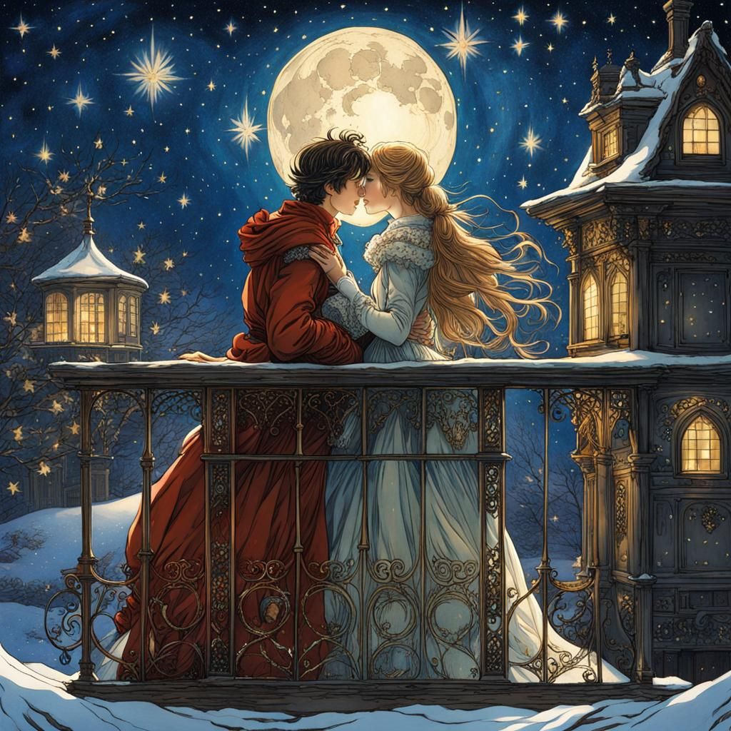 Fairytale Embrace Under Starry Night, Rackham Style