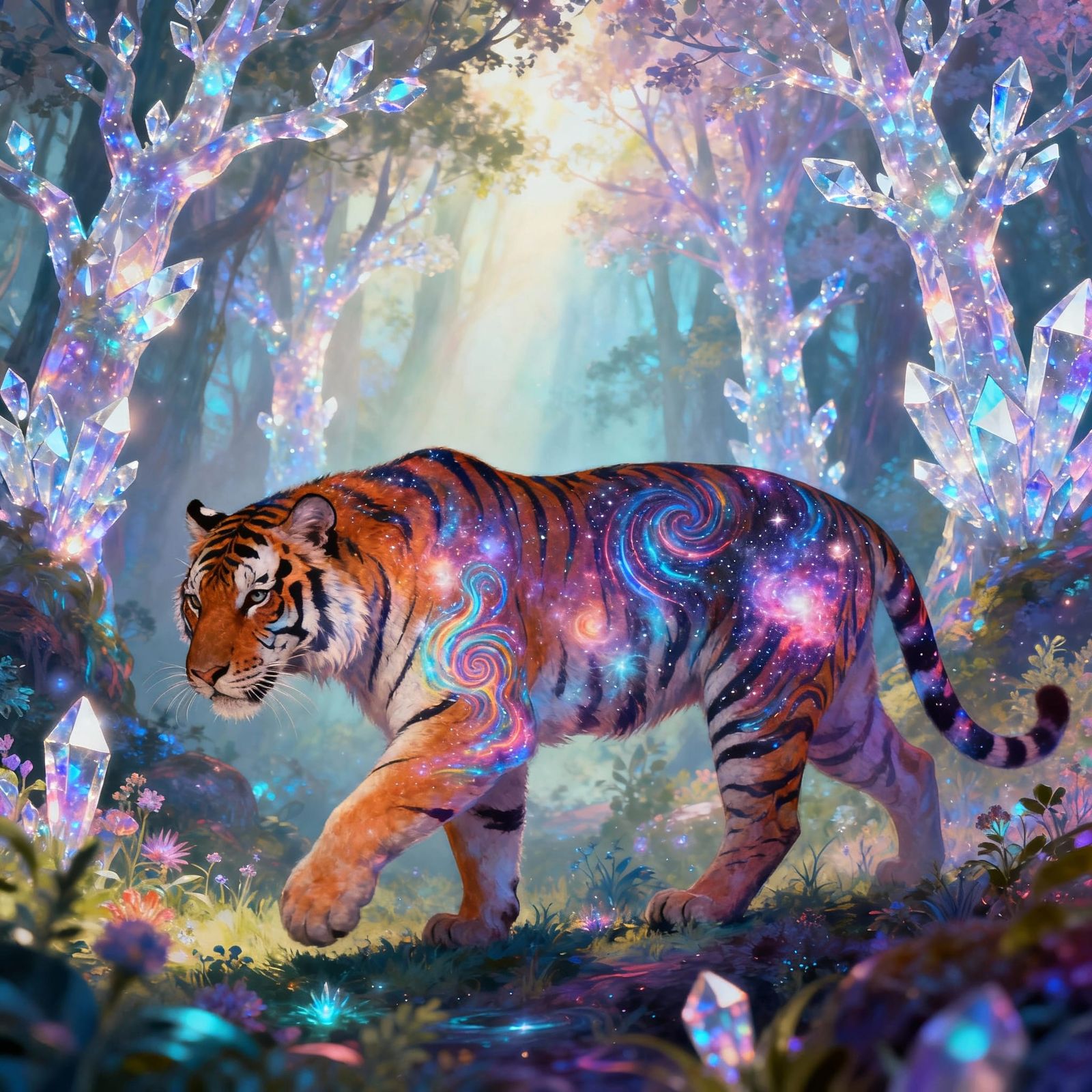 Cosmic Tiger in Crystal Forest, Psychedelic Visionary Art
