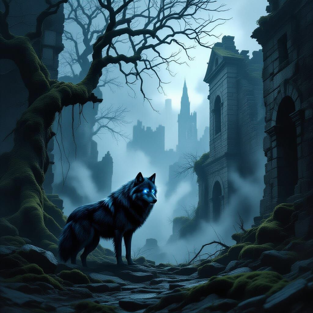 Spectral Wolf in Overgrown Cityscape, Dark Fantasy Style