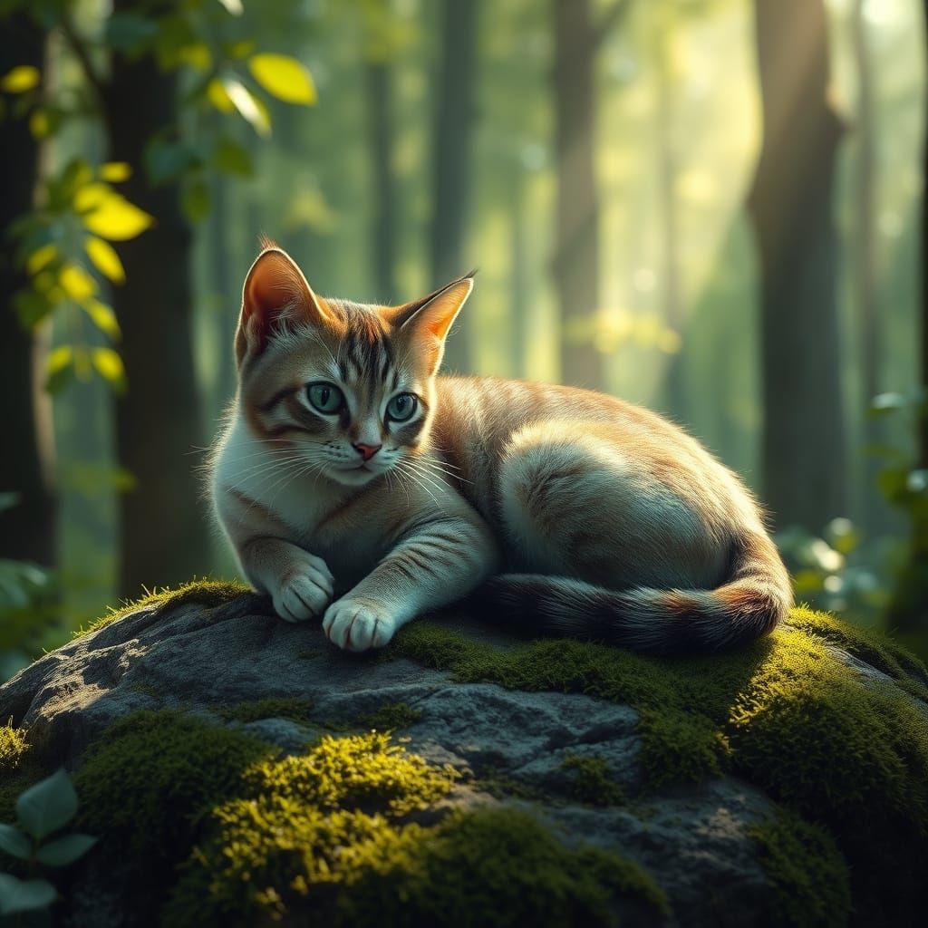 Magical Cat in Glowing Forest, Photorealistic Style