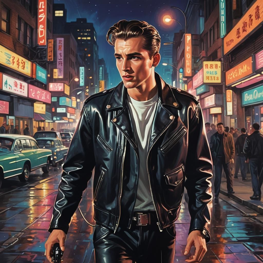 1950s Rockabilly Singer in Retro-Futuristic Cityscape