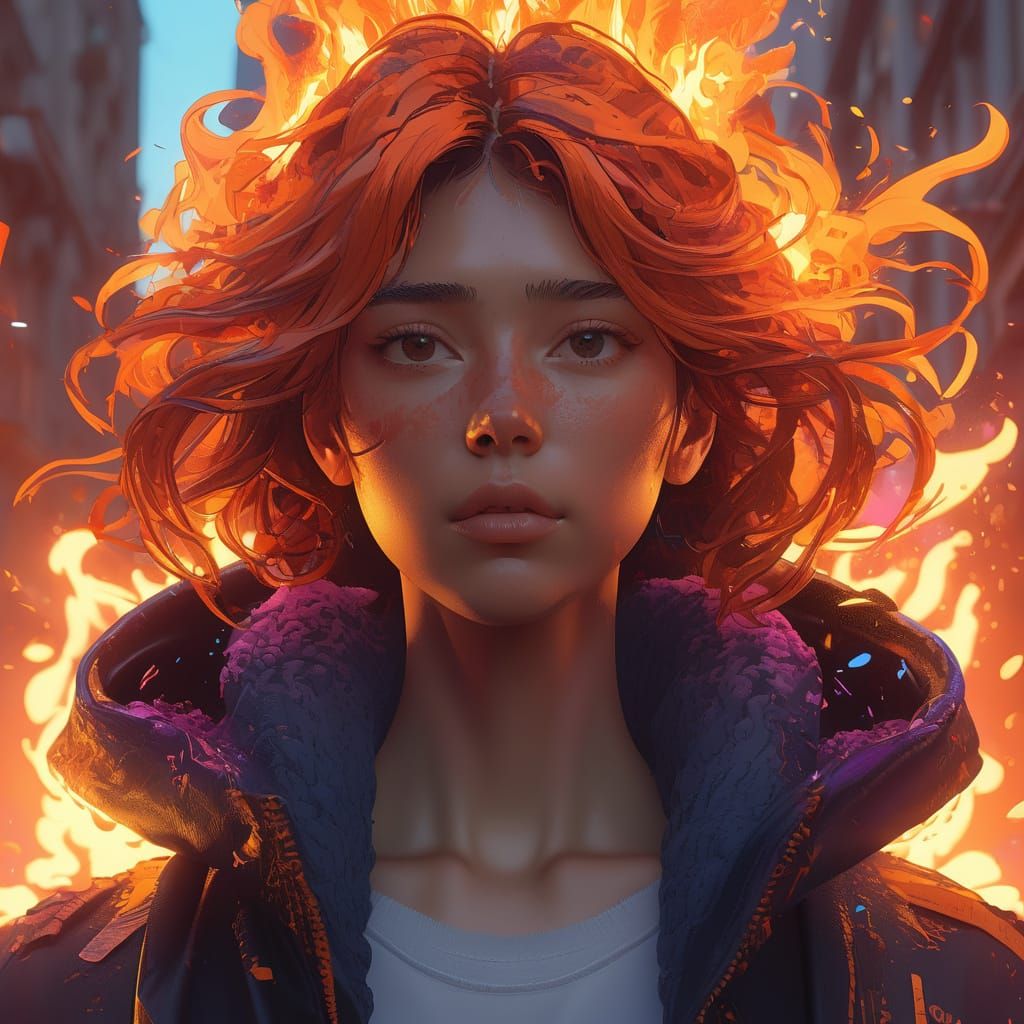 Vibrant Portrait in a Blazing World of Burning Tires