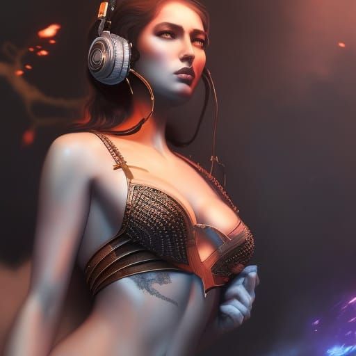 Hyperdetailed Bikini DJ Girl Charcoal Drawing