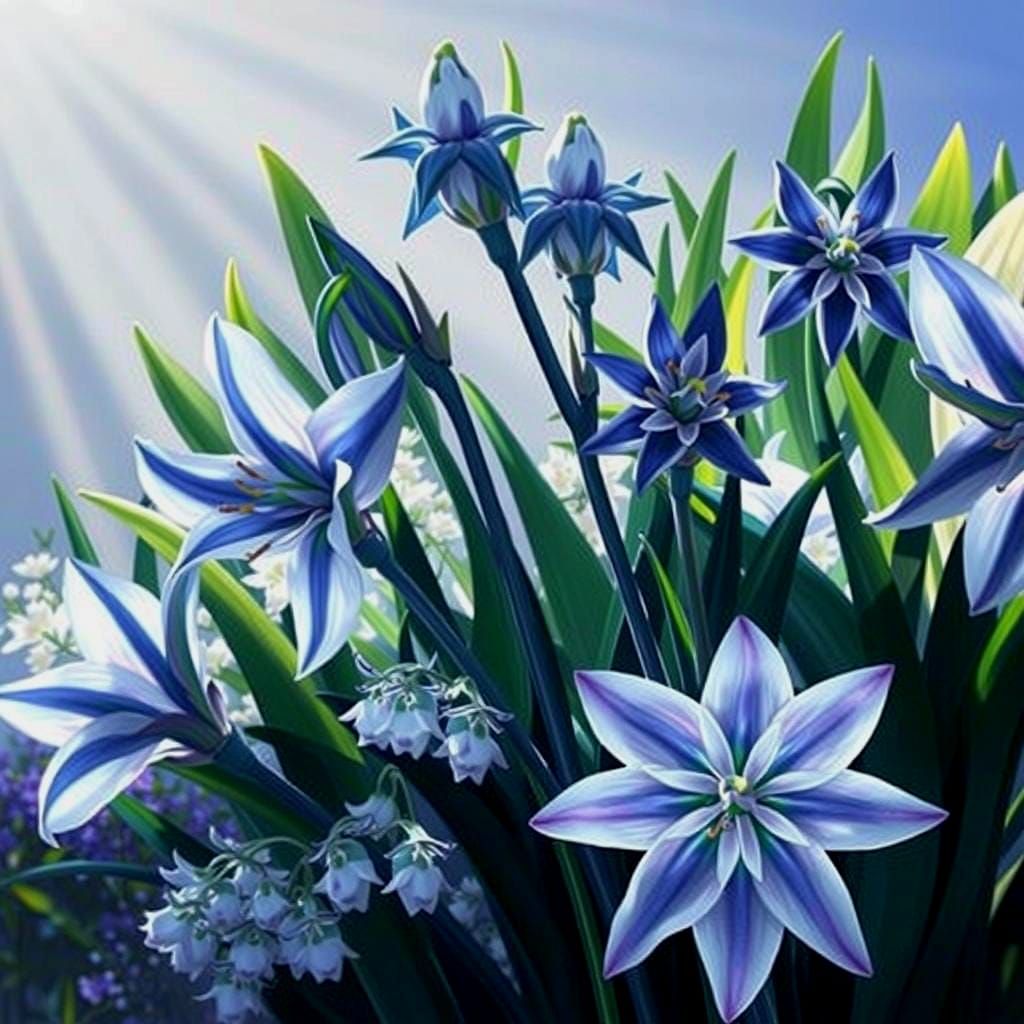 Vivid Blue and White Chionodoxa Botanical Illustration
