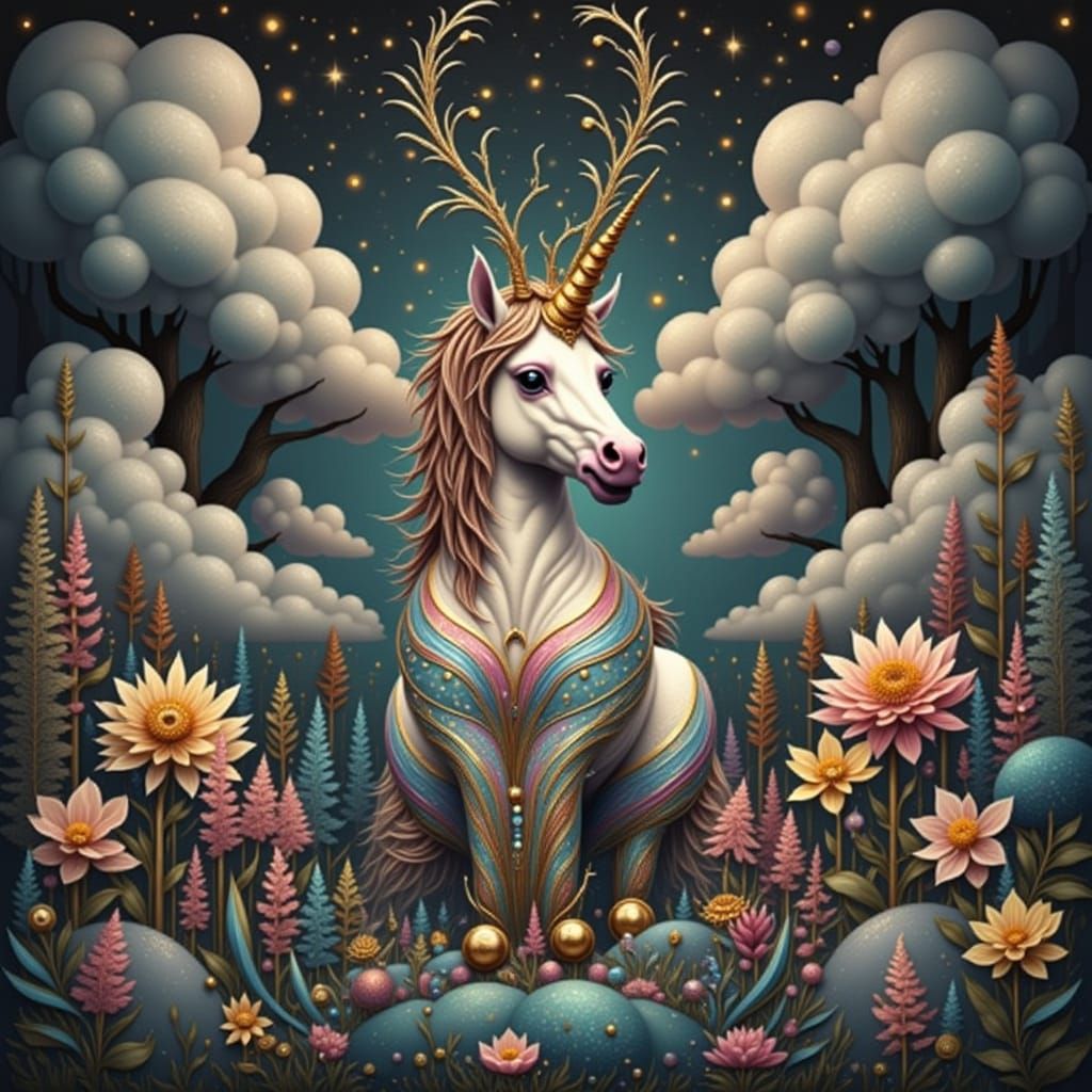 Majestic Unicorn in Whimsical Forest with Rainbow Mane
