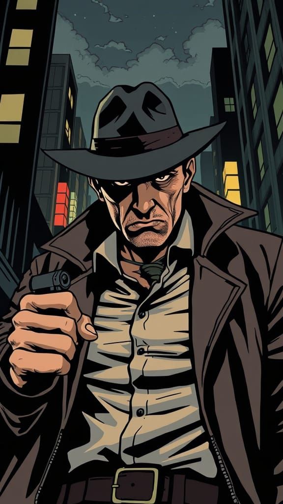 Noir Detective in Dynamic Comic Book Illustration