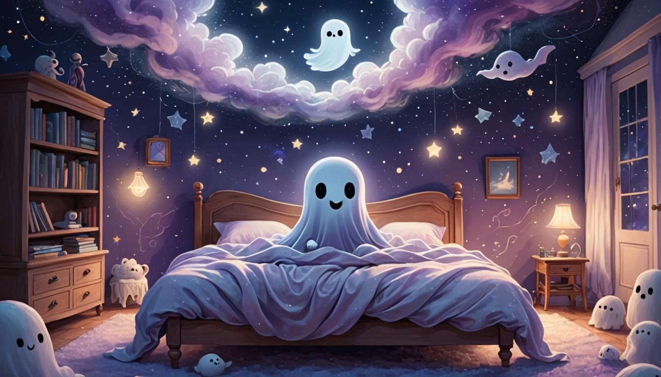 Little Ghost in Starry Bedroom: Whimsical Illustration